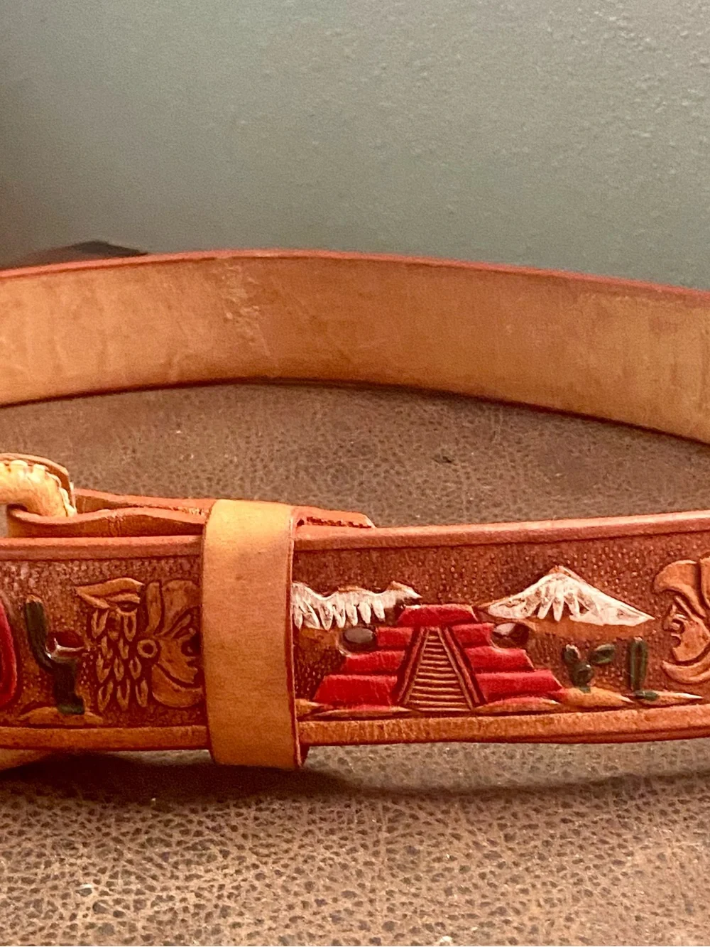 Hand Tooled Brown Leather Belt with Multicolor 'MEXICO', Cacti, Aztec Pyramids